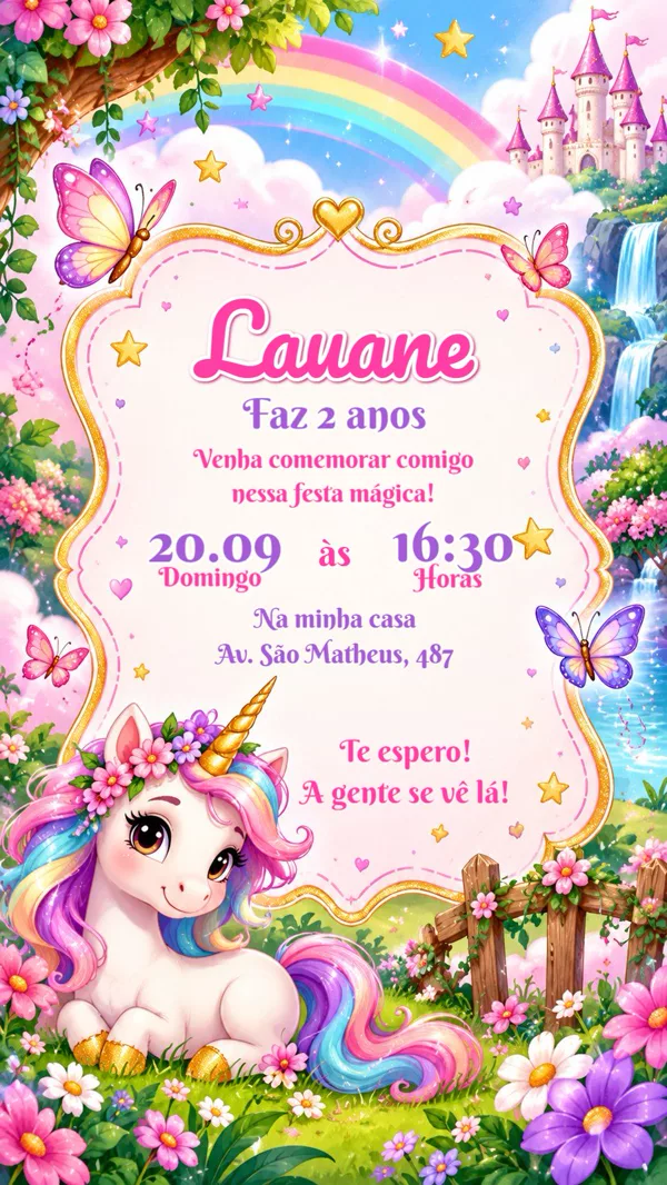 Convite Aniversário Unicórnio Jardim Encantado Para Editar Online