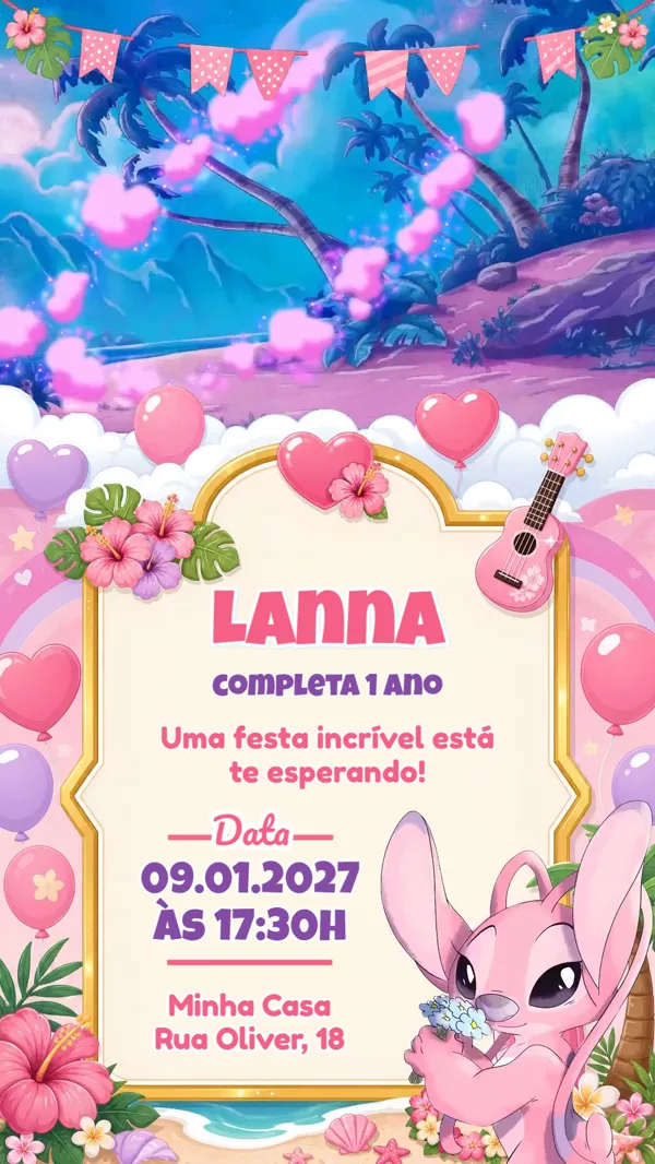 Convite Animado Aniversário Angel Stitch Para Editar Online