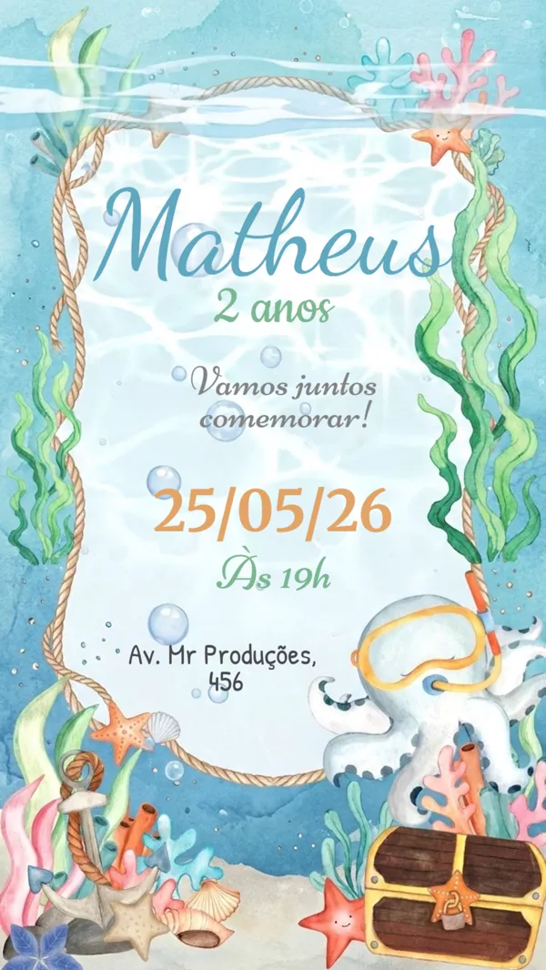 Convite Animado Aniversário Fundo do Mar Menino Para Editar Online