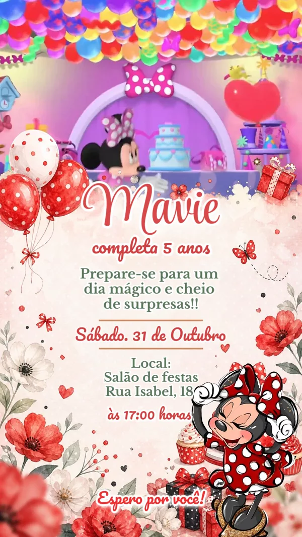 Convite Animado Aniversário Minnie Vermelho Para Editar Online