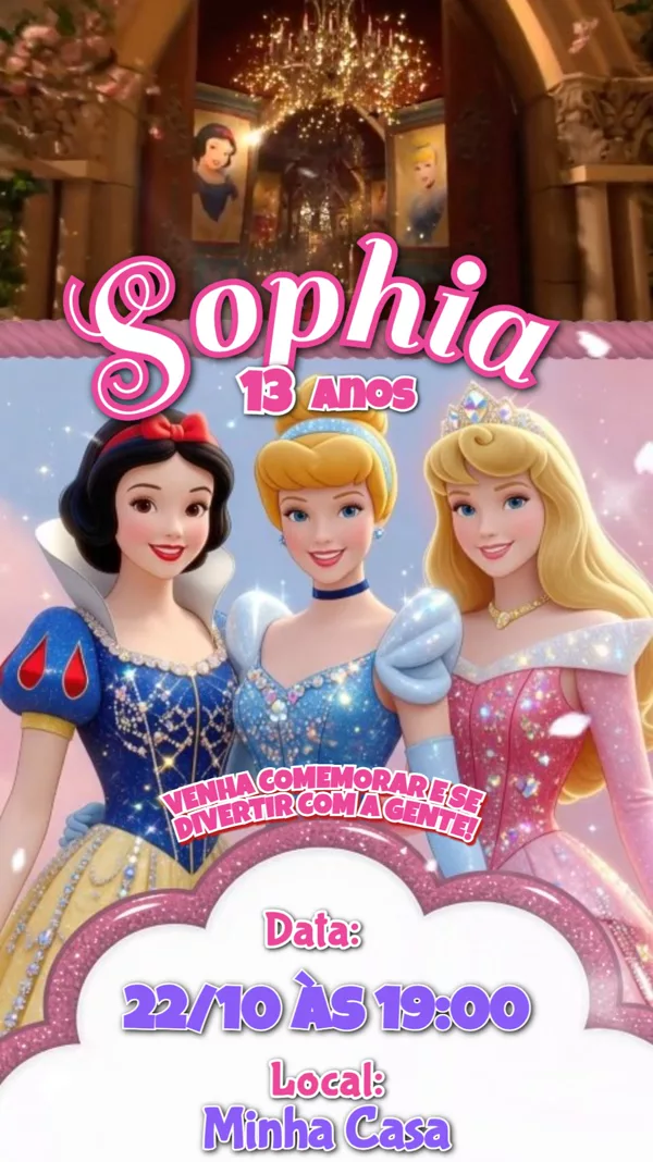 Convite Animado Aniversário Princesas da Disney Para Editar Online