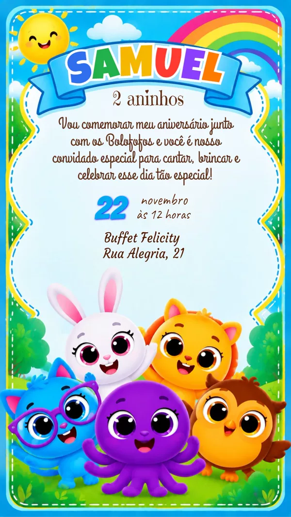 Convite Aniversário Bolofofos Arco-Íris Para Editar Online