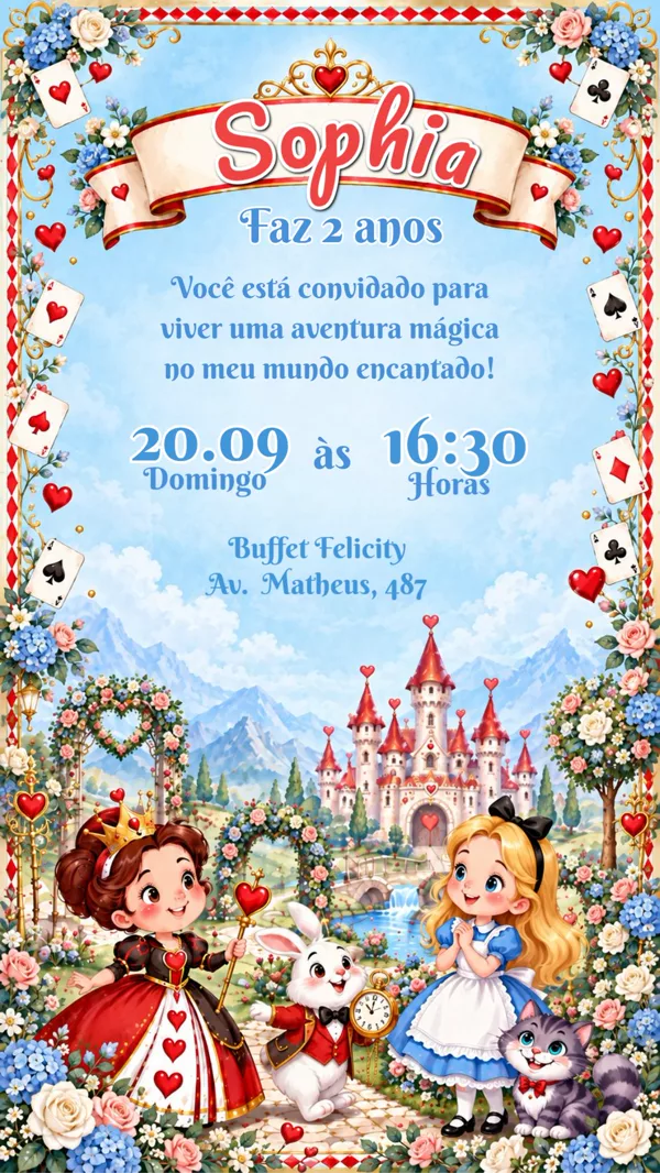 Convite Aniversário Alice Castelo Copas Para Editar Online