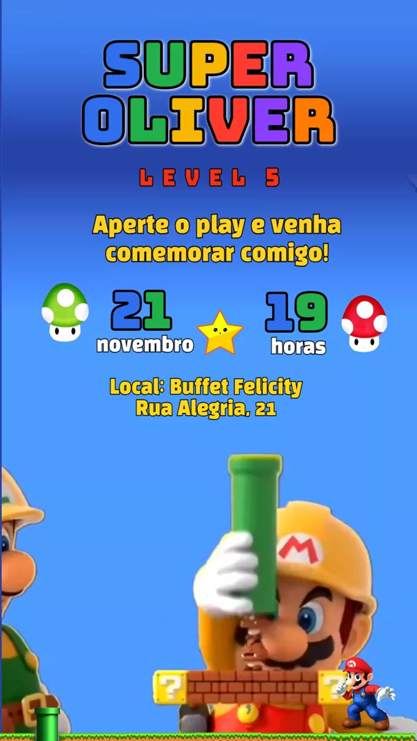 Convite Animado Aniversário Super Mario Maker Para Editar Online