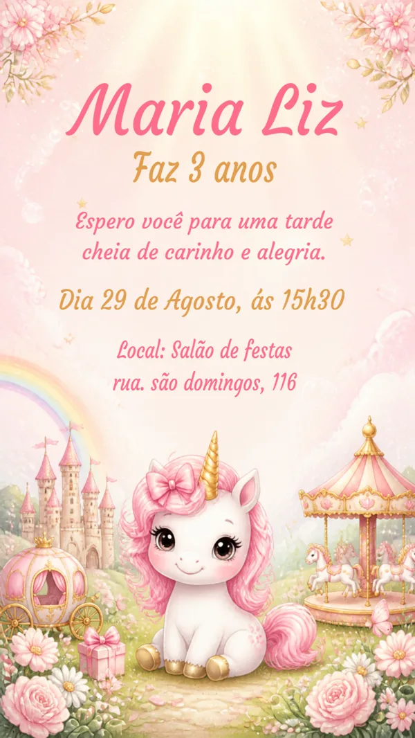 Convite Aniversário Unicórnio Rosa Para Editar Online