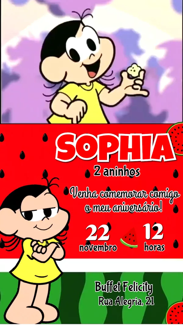Convite Animado Aniversário Magali Melancia Para Editar Online