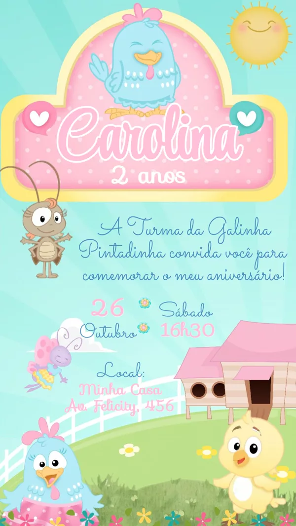 Convite Animado Aniversário Galinha Candy Para Editar Online