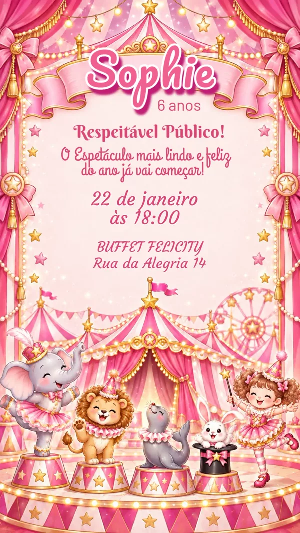 Convite Aniversário Circo Rosa Para Editar Online