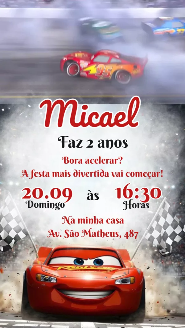 Convite Animado Aniversário Carros Relâmpago McQueen Para Editar Online