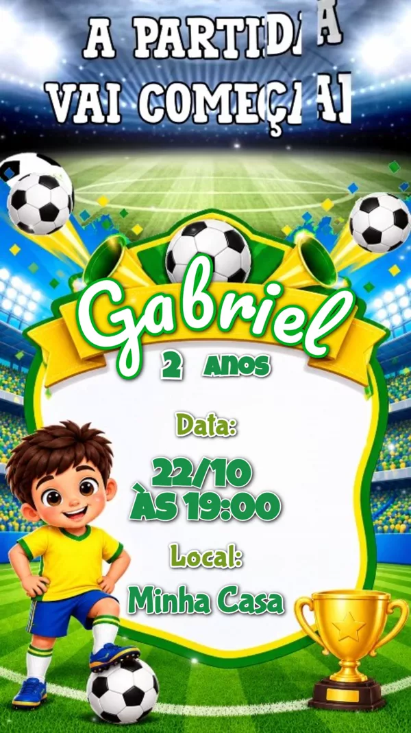 Convite Animado Aniversário Futebol Brasil Para Editar Online