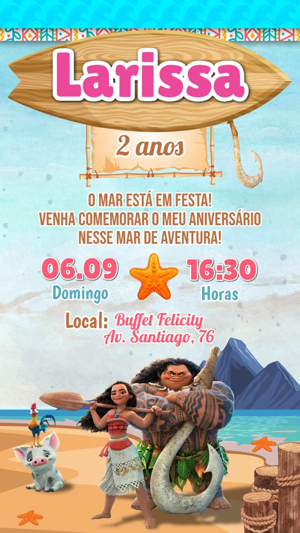 Convite Aniversário Moana Praia Aventura Para Editar Online