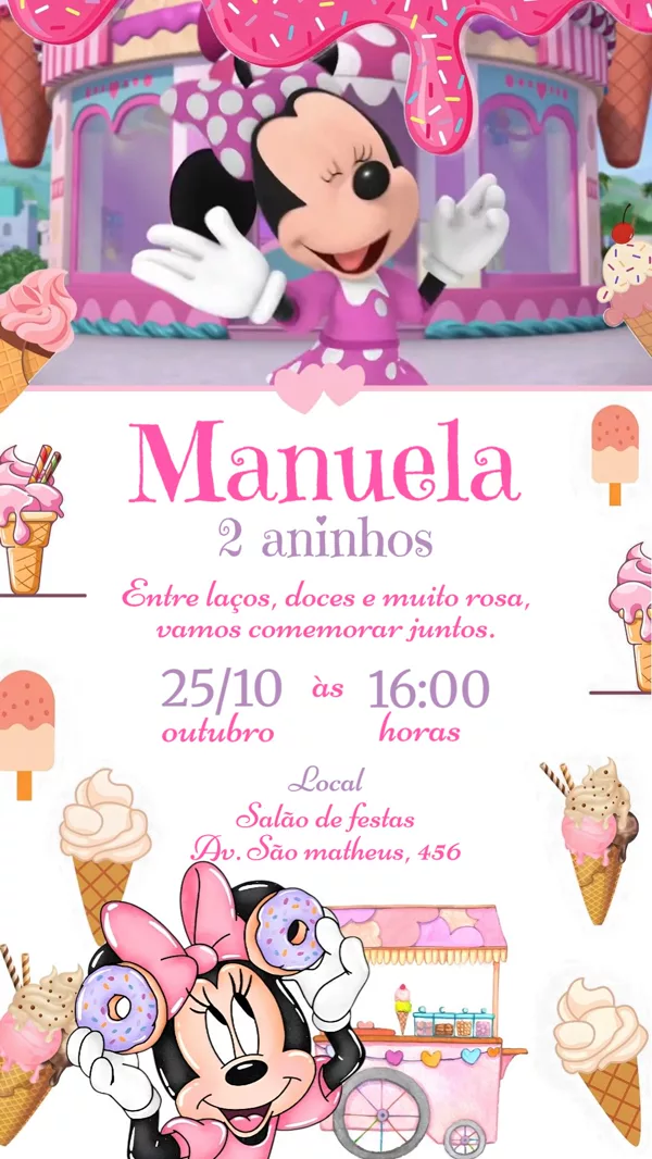 Convite Animado Aniversário Minnie Rosa Para Editar Online