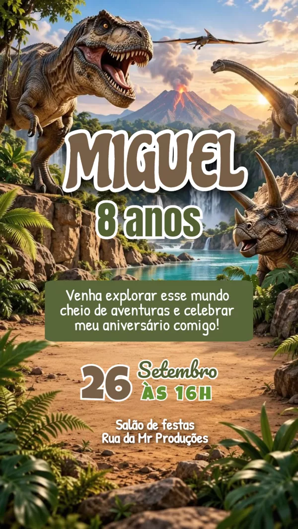 Convite Animado Aniversário Dinossauros Vulcão Para Editar Online