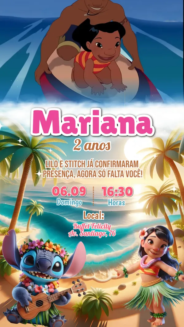 Convite Animado Aniversário Lilo e Stitch Para Editar Online