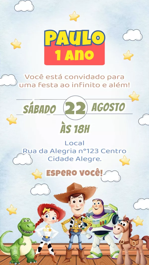 Convite Animado Aniversário Toy Story Aquarela Para Editar Online