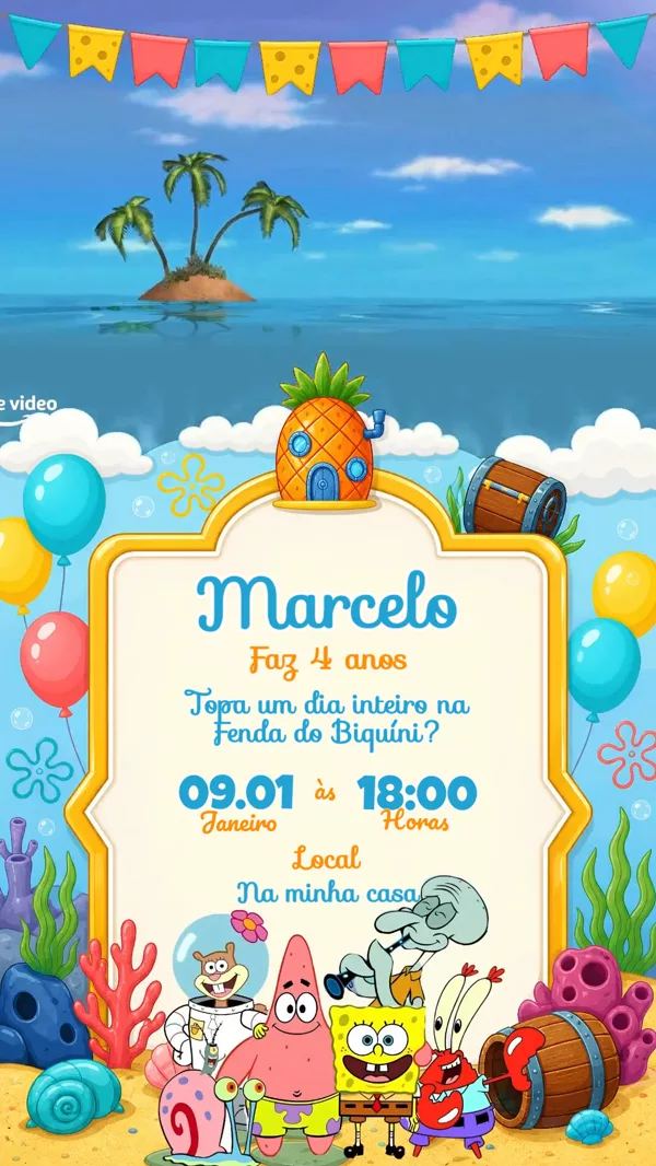 Convite Animado Aniversário Bob Esponja Fenda do Para Editar Online
