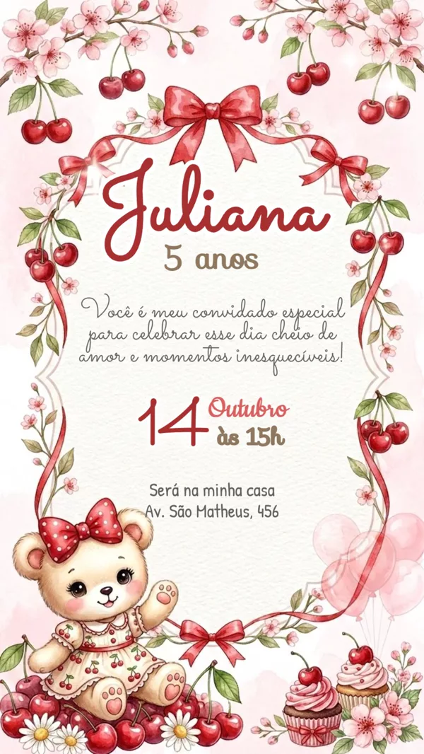 Convite Animado Aniversário Ursinha Cerejinha Para Editar Online
