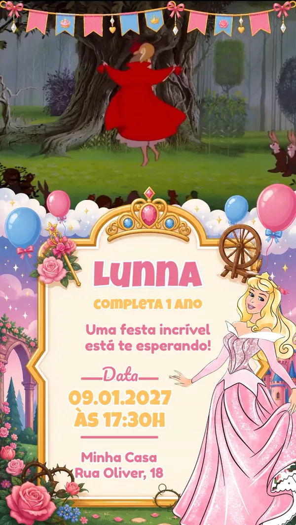 Convite Animado Aniversário Aurora Princesa Para Editar Online