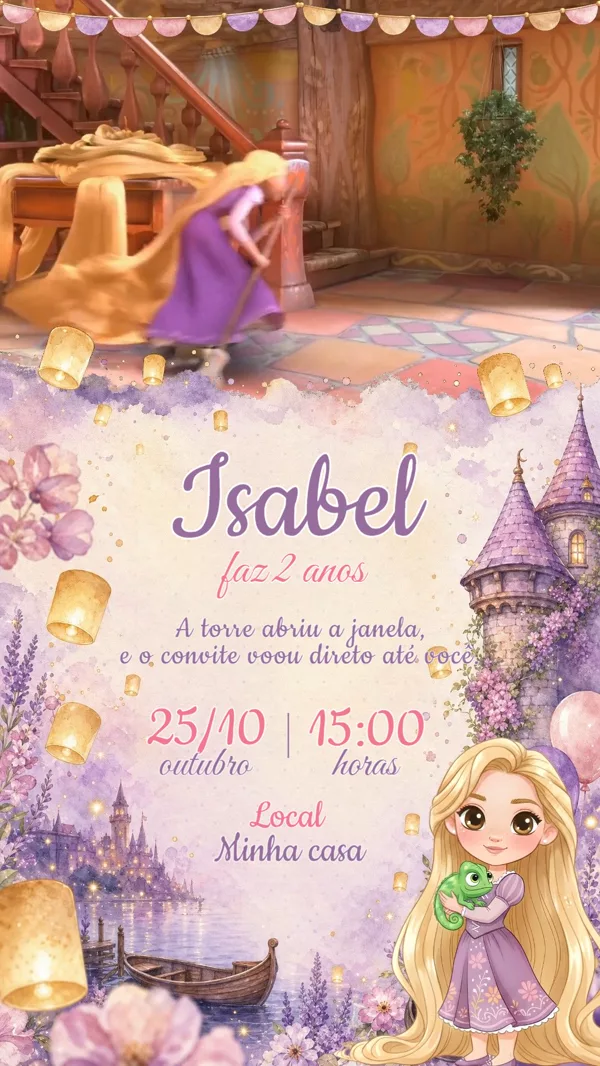 Convite Animado Aniversário Rapunzel Torre Para Editar Online