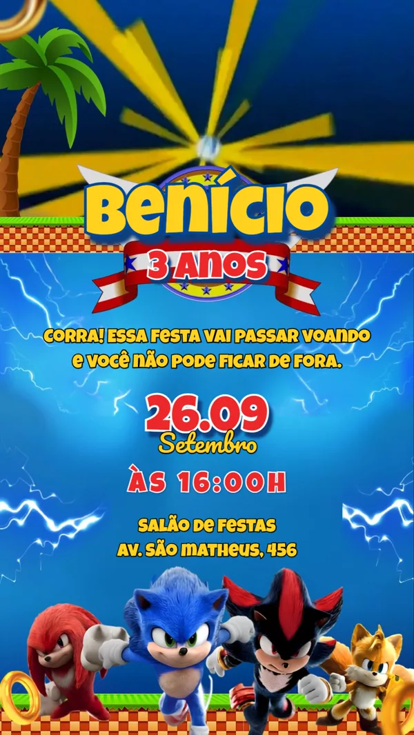 Convite Animado Aniversário Sonic Para Editar Online