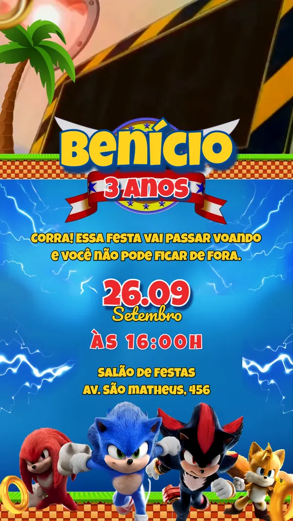 Convite Animado Aniversário Sonic Para Editar Online