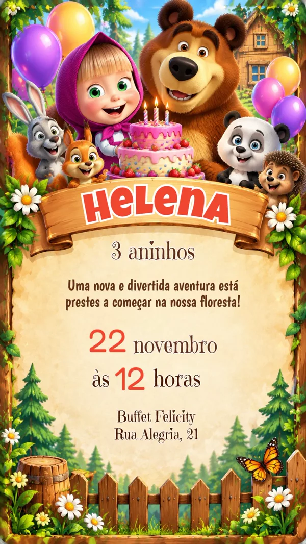 Convite Aniversário Masha e o Urso Floresta Para Editar Online