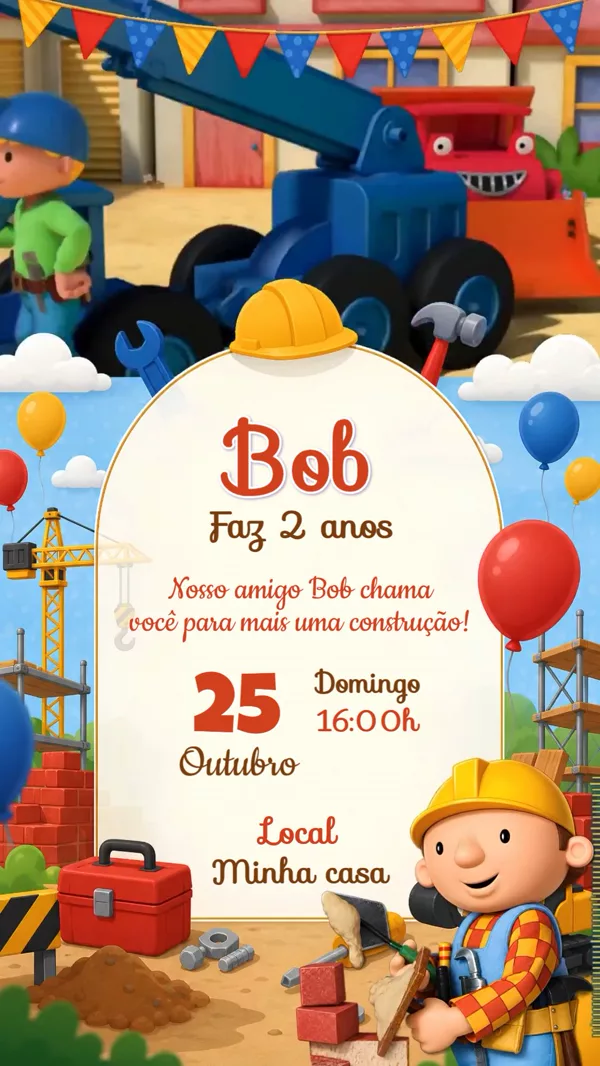 Convite Animado Aniversário Bob o Construtor Para Editar Online