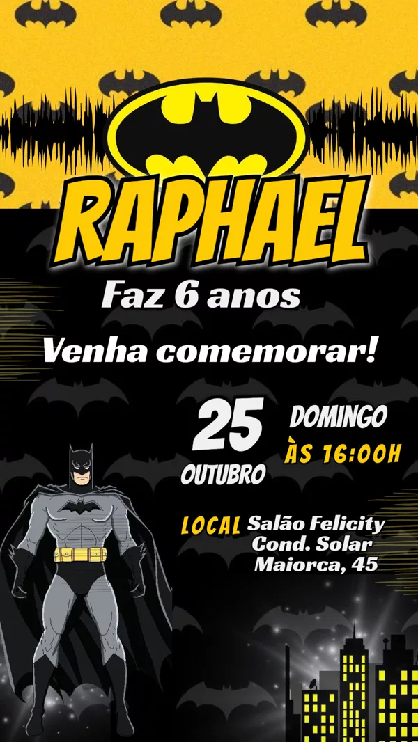 Convite Aniversário Batman Noturna Para Editar Online