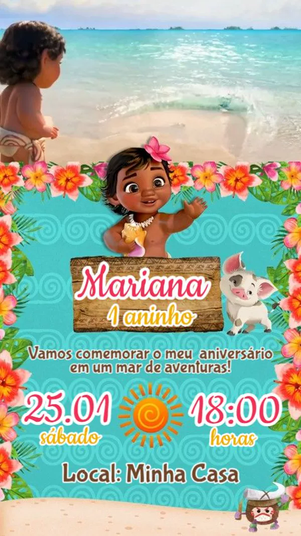 Convite Animado Aniversário Moana Baby Para Editar Online