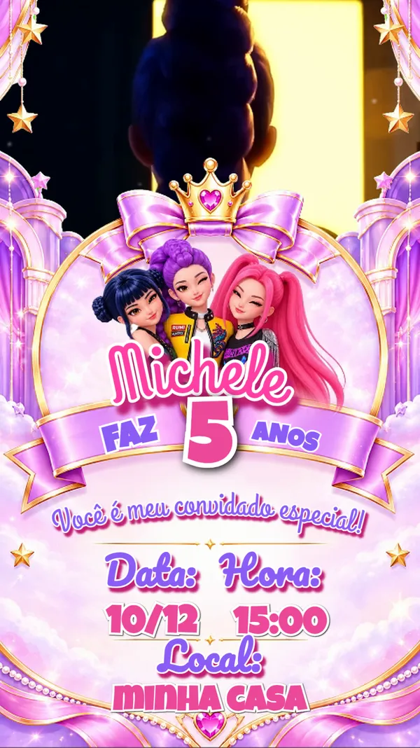 Convite Animado Aniversário KPop Demon Rosa Para Editar Online