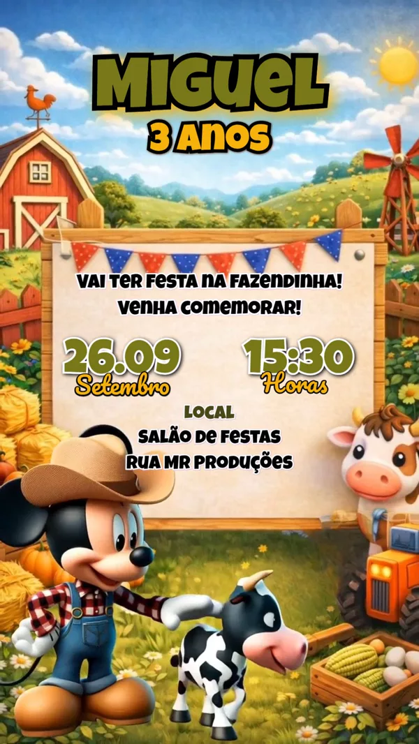 Convite Animado Aniversário Fazenda do Mickey Para Editar Online