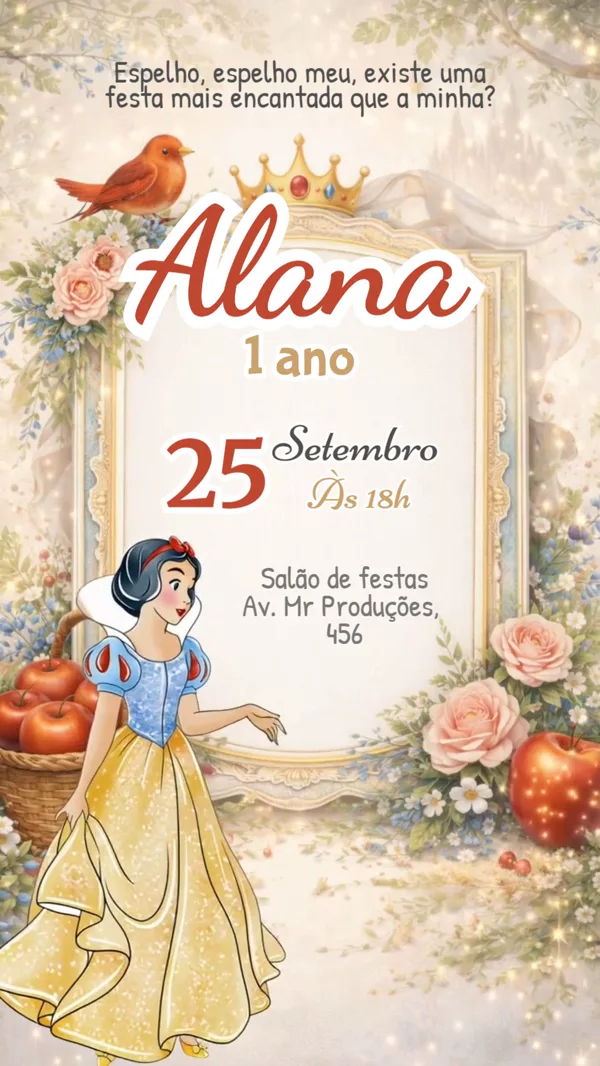 Convite Animado Aniversário Branca Neve Espelho Para Editar Online