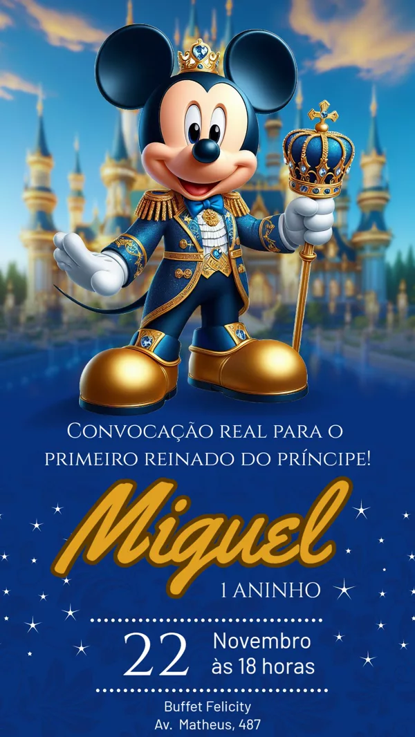 Convite Aniversário Mickey Príncipe Azul Para Editar Online