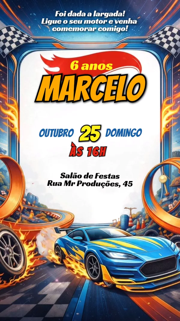 Convite Animado Aniversário Hot Wheels Carro Azul Para Editar Online