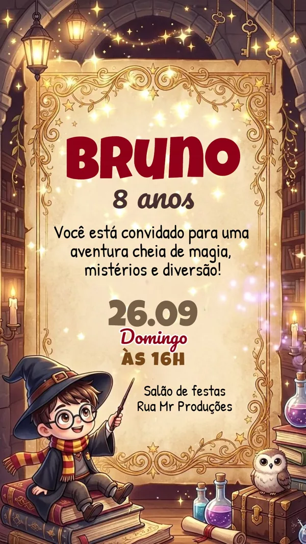 Convite Animado Aniversário Harry Potter Mágico Para Editar Online
