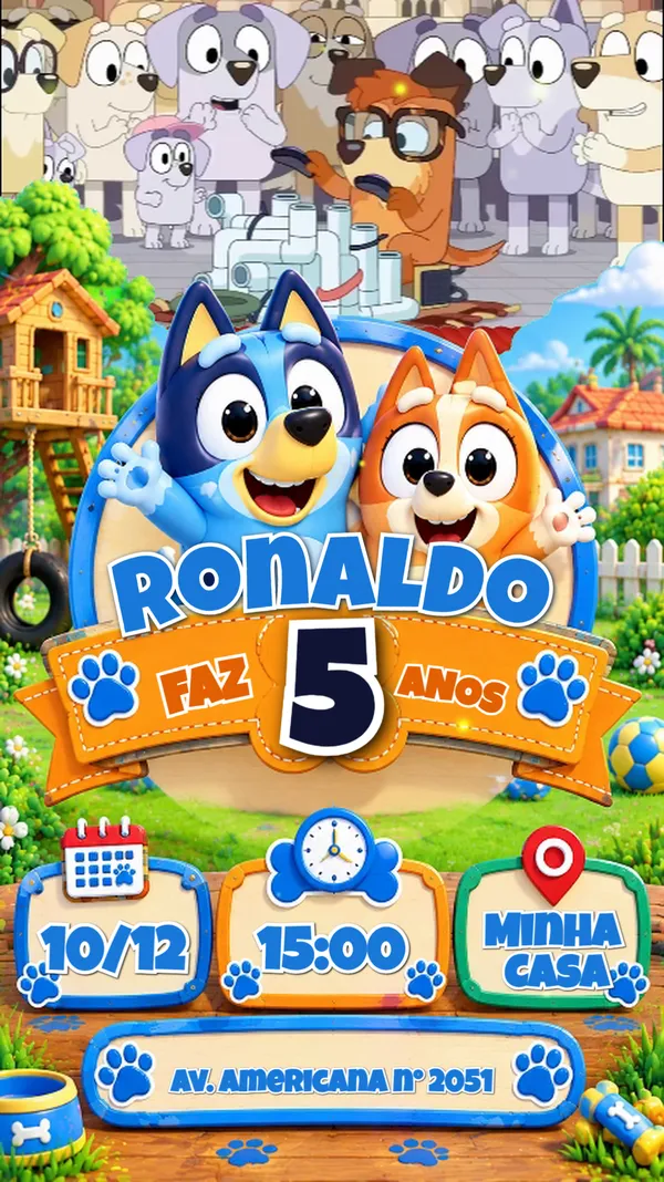 Convite Animado Aniversário Bluey Parque Família Para Editar Online