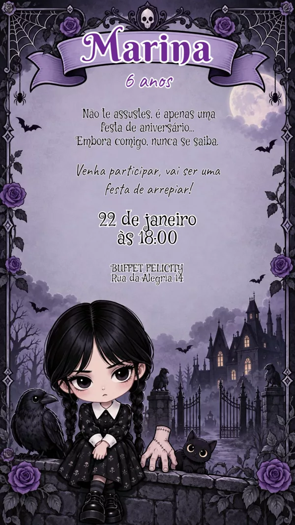 Convite Aniversário Wandinha Addams Gótico Para Editar Online