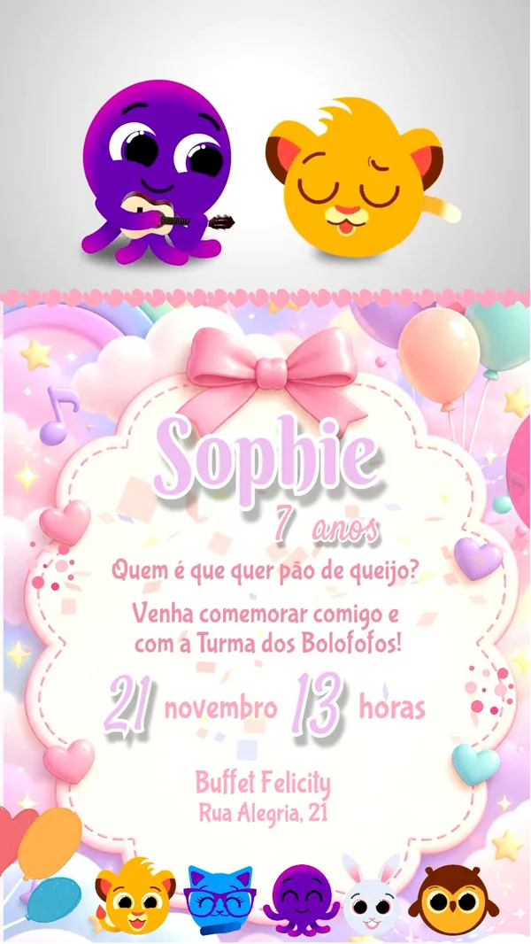 Convite Animado Aniversário Bolofofos Rosa Para Editar Online