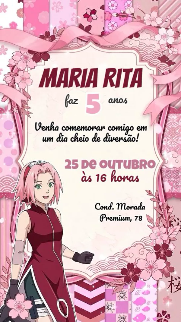 Convite Animado Aniversário Sakura Rosa Para Editar Online