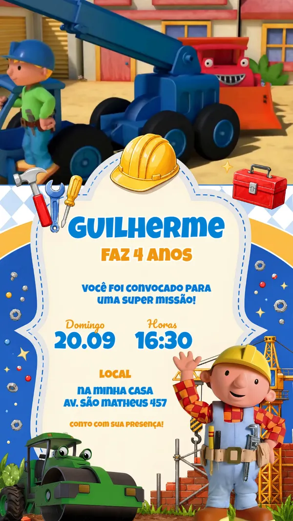 Convite Animado Aniversário Bob o Construtor Para Editar Online