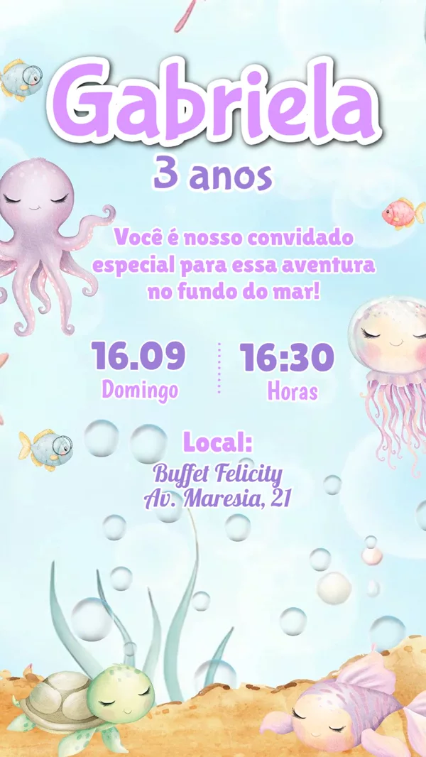 Convite Animado Aniversário Fundo do Mar Lilás Para Editar Online