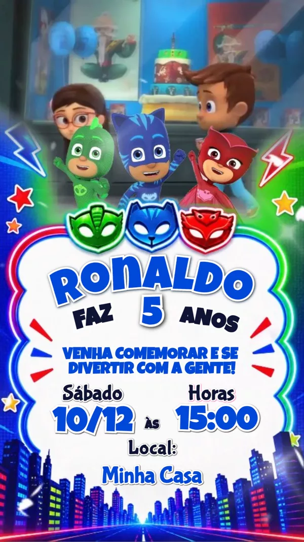 Convite Animado Aniversário PJ Masks Heróis Para Editar Online