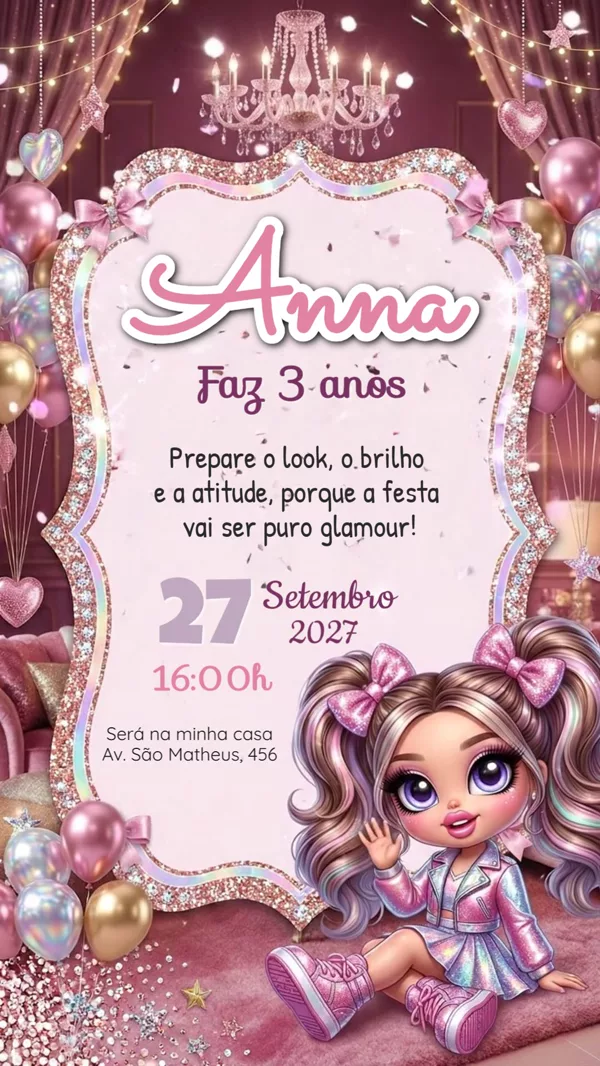 Convite Animado Aniversário Boneca Rosa Glitter Para Editar Online