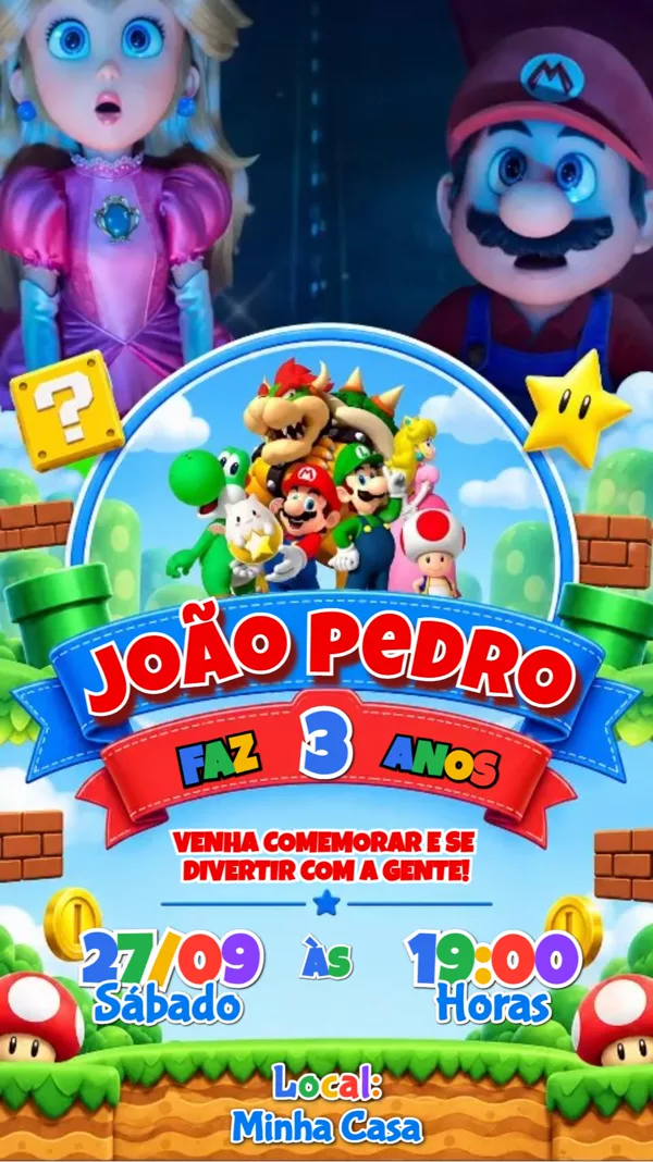 Convite Animado Aniversário Super Mario Para Editar Online