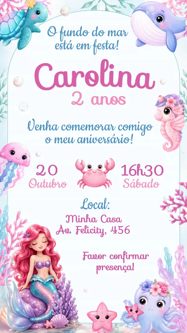 Convite Aniversário Sereia Fundo do Mar Para Editar Online