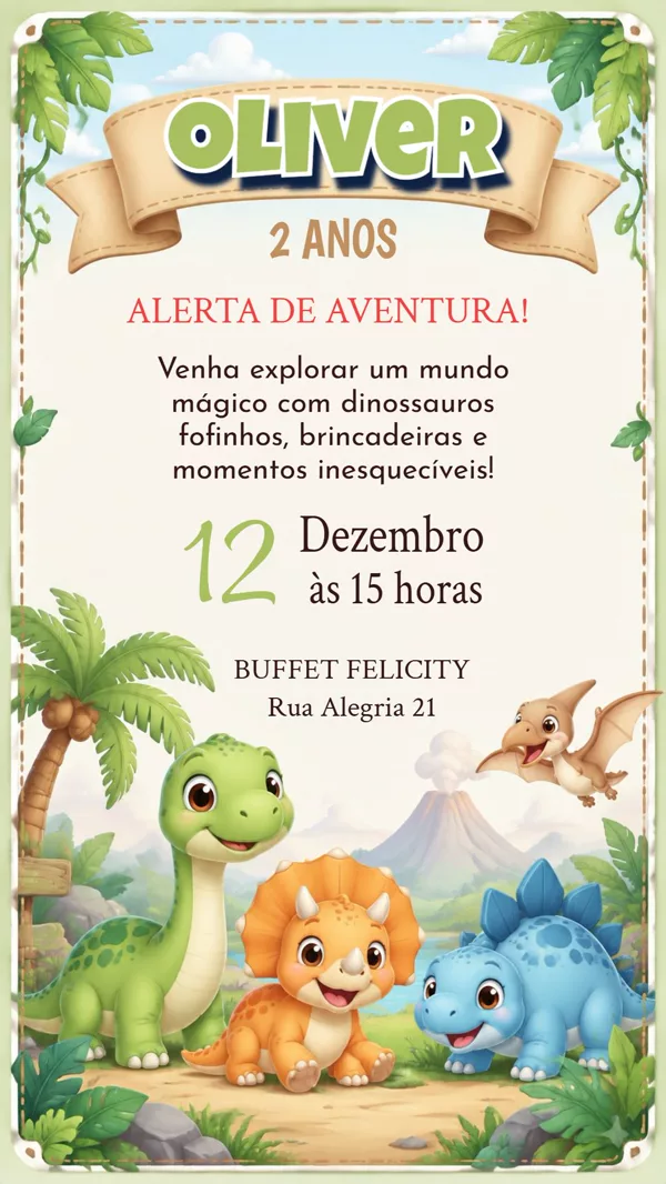 Convite Aniversário Dinossauro Baby Selva Para Editar Online