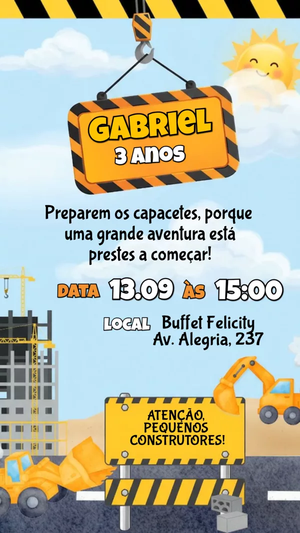 Convite Animado Aniversário Construção Amarelo Para Editar Online