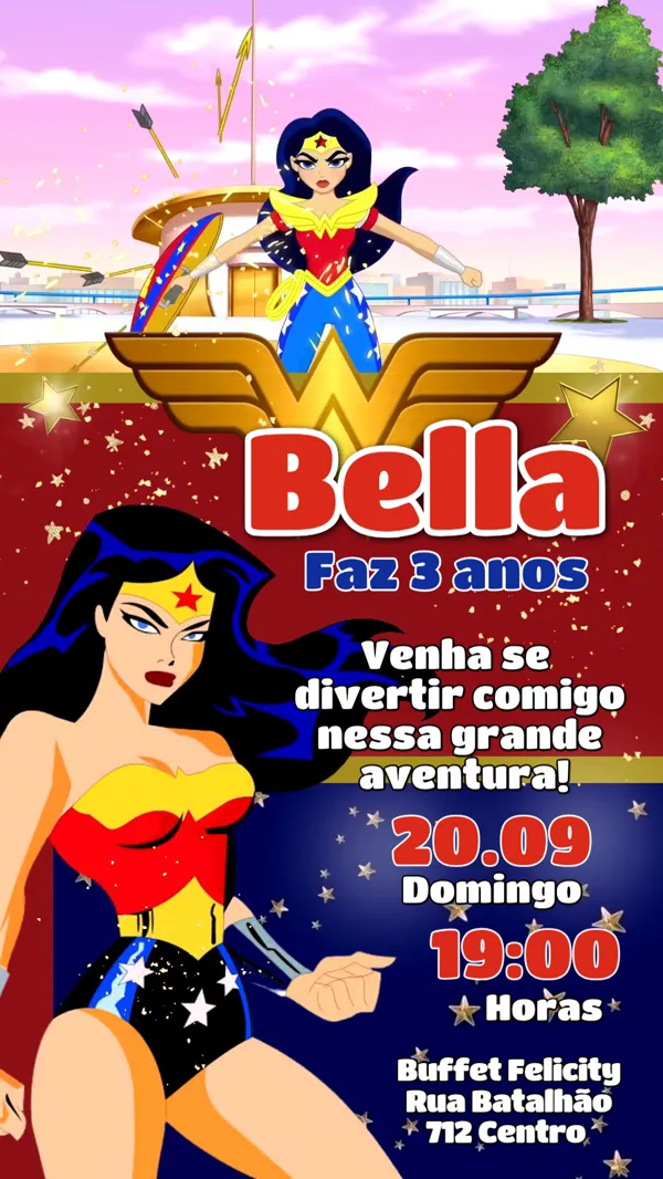 Convite Animado Aniversário Mulher Maravilha Para Editar Online