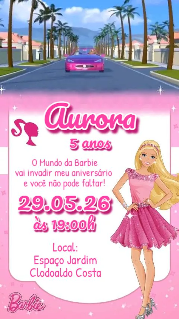 Convite Animado Aniversário Barbie Carro Rosa Para Editar Online