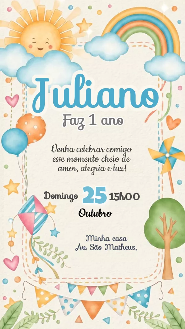 Convite Animado Aniversário Sol Arco-íris Para Editar Online